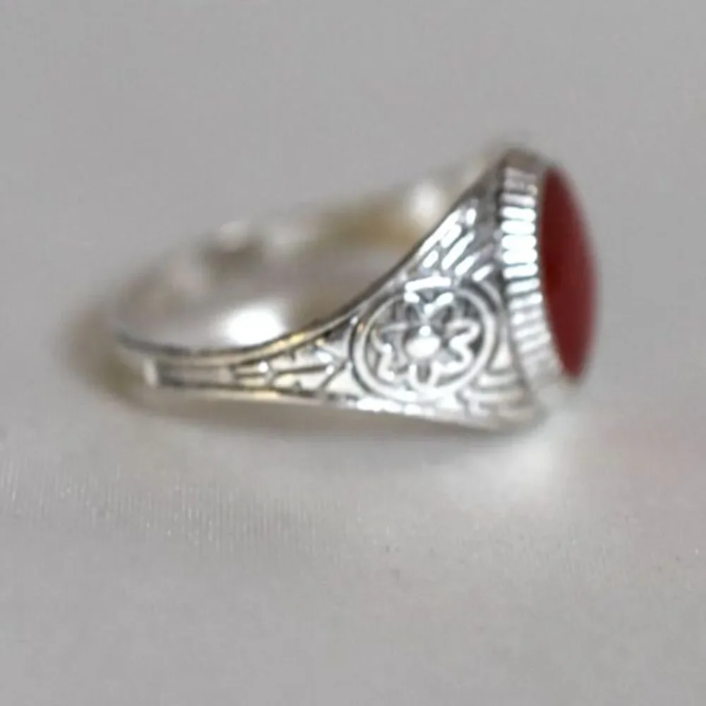 Striking Red Stone Floral Etched Silver Tone Metal Sizes 9 & 12 Unisex Ring